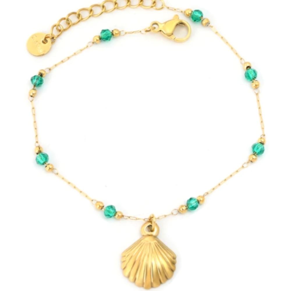 Stainless Steel Gold Plated Green Shell Charm Bracelet. New